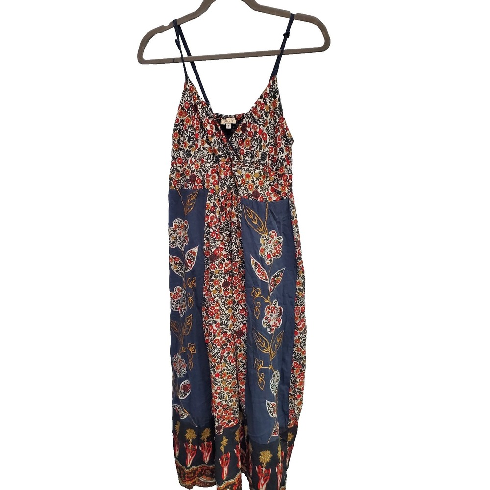 Magic Womens Midi Dress Sz Small Navy/Red Spaghetti Strap Cotton Lined Floral
